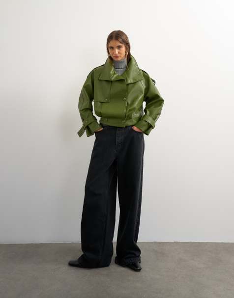 Topshop korte imitatieleren regenjas in olijfgroen - view 1