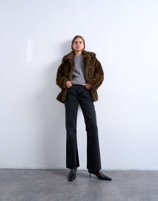 Topshop - Korte jas van imitatiebont met gestreept motief in bruin, 2 van 4