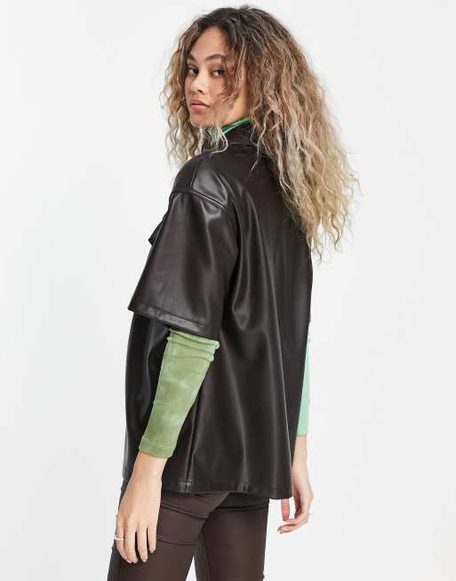 Topshop - Kortærmet brun skjortejakke i imiteret læder, 2 af 4