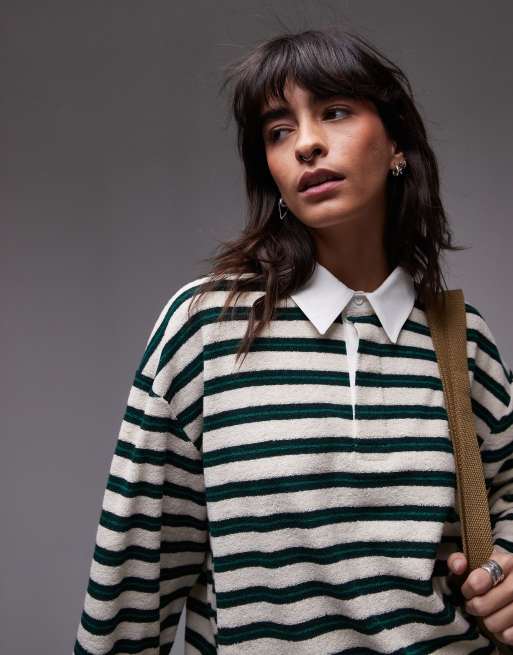 Topshop – Koszula polo z tkaniny frotté z długimi rękawami w paski w kolorze zielonym i ecru