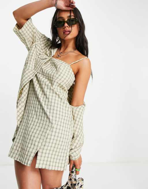 Topshop – Koszula w kratę w kolorze khaki z krótkimi rękawami i kieszeniami