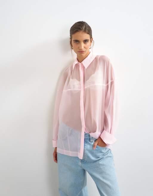 Topshop koszula z organzy w jasnoróżowym kolorze