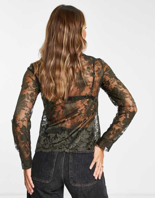 Topshop – Koszula z prześwitującej koronki w kolorze khaki, 2 z 4