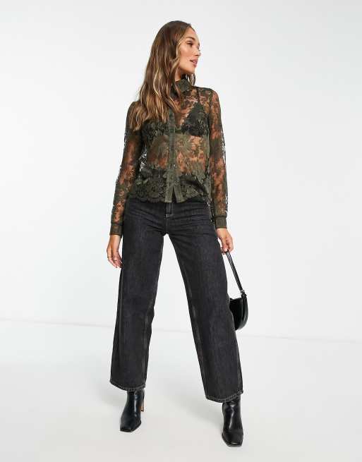 Topshop – Koszula z prześwitującej koronki w kolorze khaki, 4 z 4