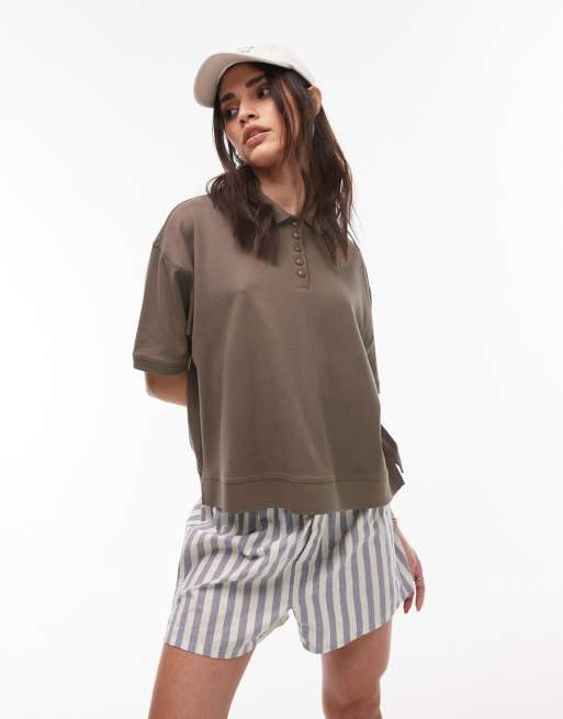 Topshop – Koszulka polo o pudełkowym kroju z krótkim rękawem w kolorze khaki