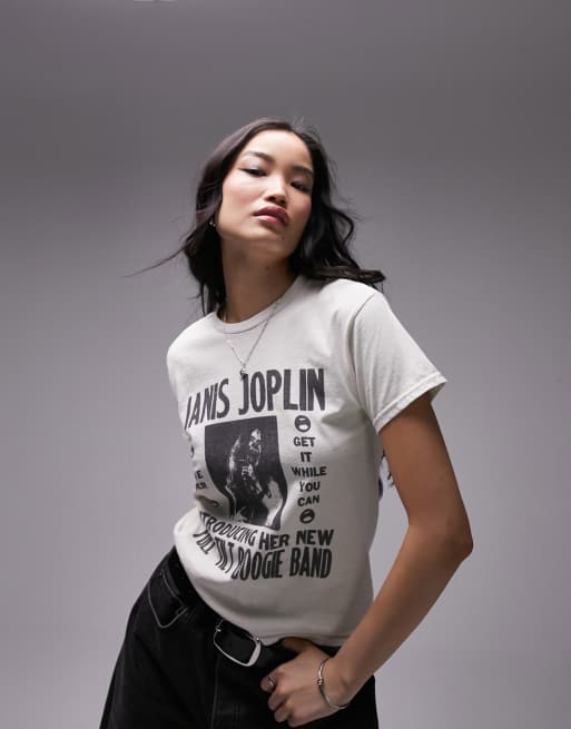 Topshop – Koszulka w kolorze ecru z licencjonowaną grafiką przedstawiającą Janis Joplin