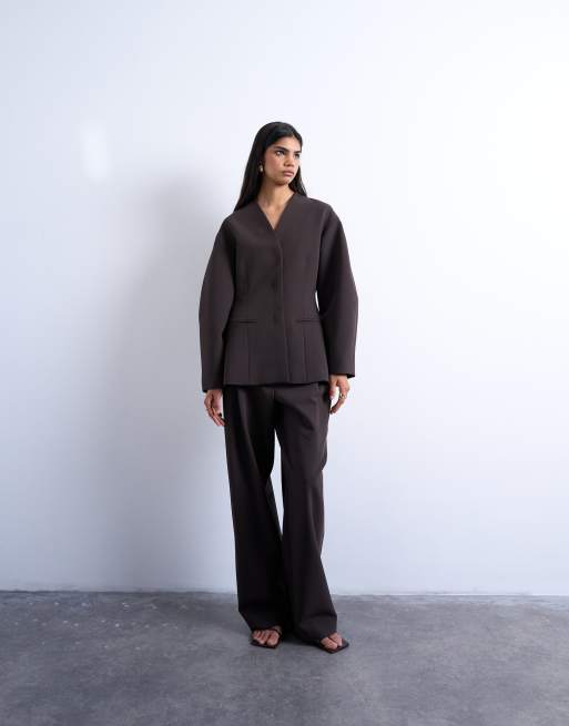 Topshop – Kragenloser Anzugblazer in Ovoidform in Schokobraun, 2 von 4