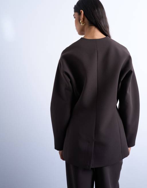 Topshop – Kragenloser Anzugblazer in Ovoidform in Schokobraun, 3 von 4