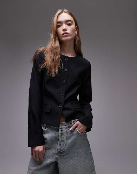 Topshop – Kragenloser Blazer in Schwarz mit Rundhalsausschnitt - view 1