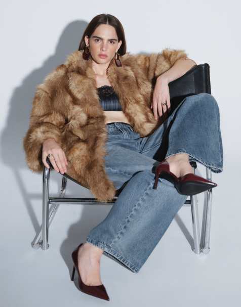 Topshop kragenloser Mantel in mittlerer Länge aus faux-fur in Multi - view 1