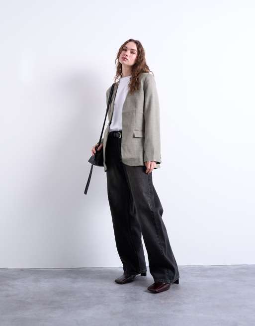 Topshop – Kragenloser schlichter Blazer in Grau kariert, 2 von 4