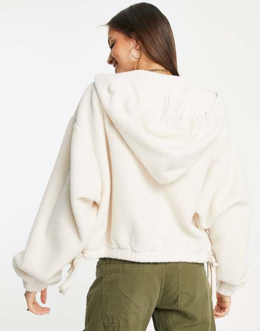 Topshop – Krämfärgad huvtröja i teddymaterial med dragkedja, 2 av 4