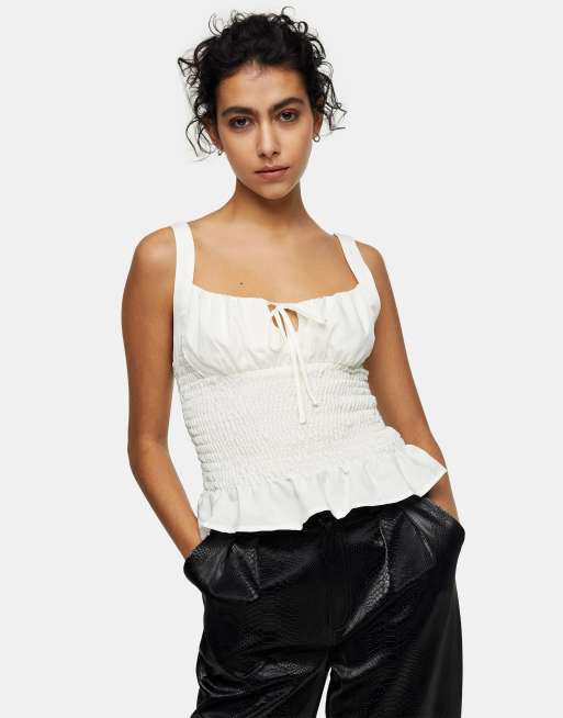Topshop – Krämfärgat linne med ryschad design och knytning fram, 4 av 4
