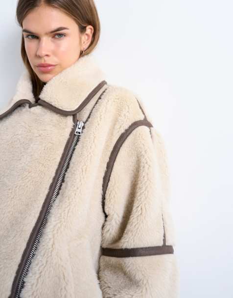 Topshop borg aviator oversized jacket in cream