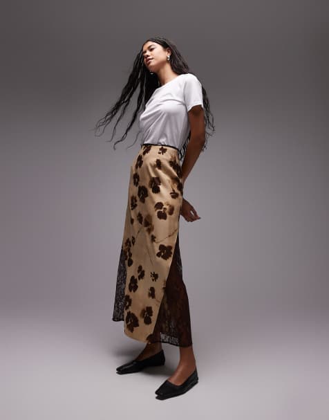 Topshop hanky hem contrast panel skirt in buttermilk and brown floral