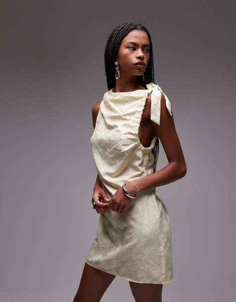 Topshop tie shoulder jacquard mini dress in buttermilk