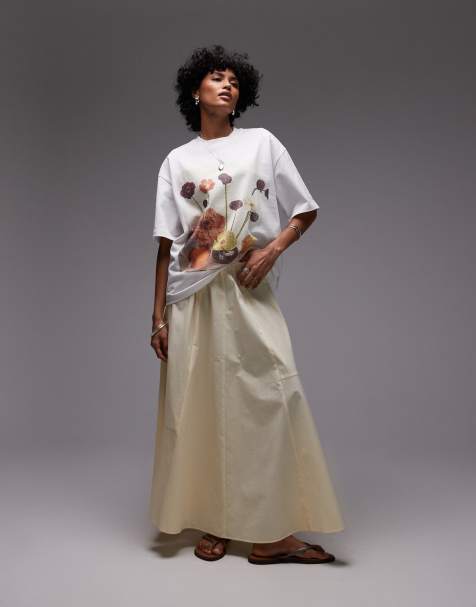 Topshop elasticated waist poplin full midi skirt in buttermilk