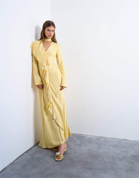 Topshop – Kremowożółta sukienka maxi z długimi rękawami, szalem i falbanką - view 1
