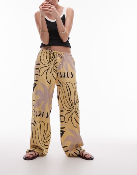 Topshop linen straight leg buttermilk abstract print trouser in mono
