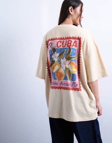 Topshop – Kremowożółty dżersejowy T-shirt oversize z nadrukiem na plecach - view 1