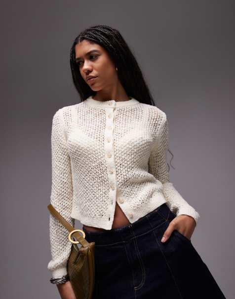 Topshop knitted stichy cardi in buttermilk