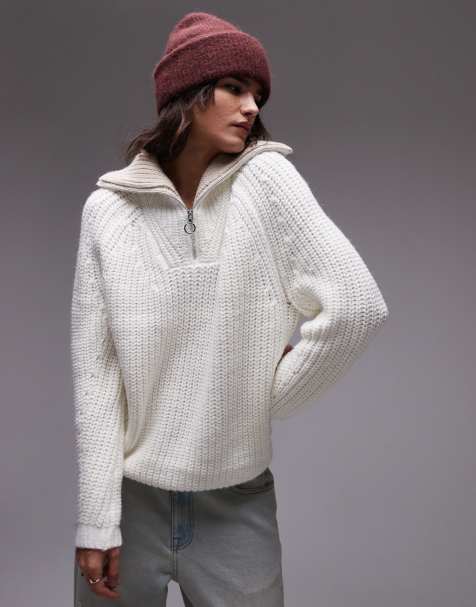 Topshop – Kremowy dzianinowy sweter z kołnierzem i zapięciem na suwak pod szyją - view 1