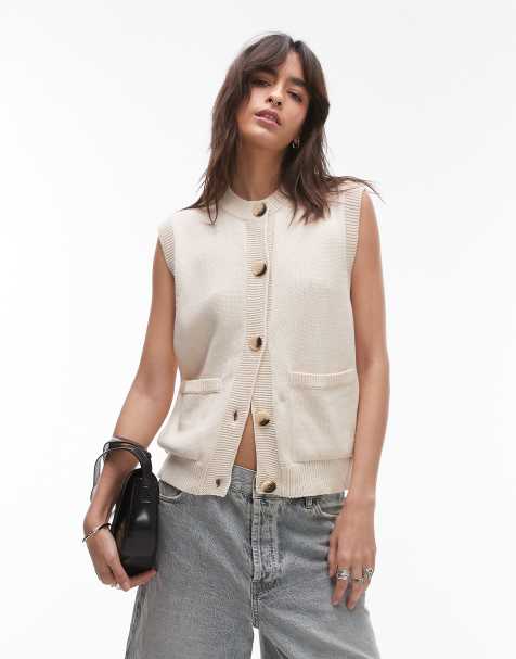 Topshop knitted open stitch button down tank top in cream