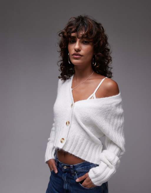 Topshop – Kremowy kardigan z dekoltem w szpic z prążkowanej dzianiny