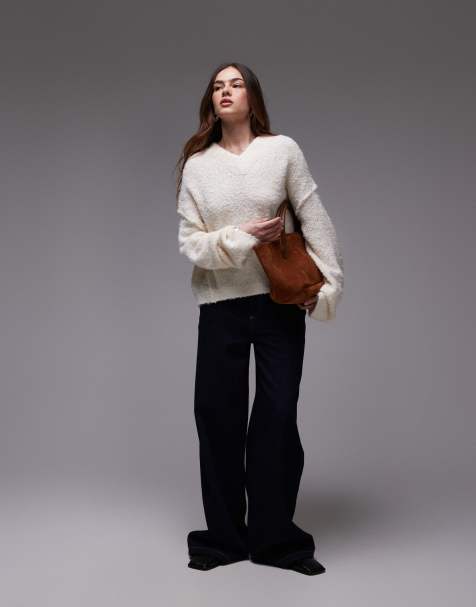 Topshop knitted high v-neck boucle jumper in cream