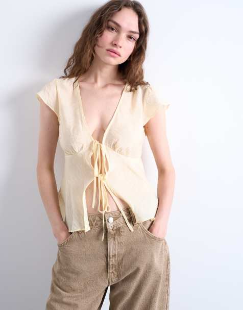 Topshop tie front top in buttermilk