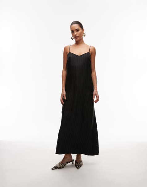 Topshop – Kritstrecksrandig, figursydd midi-slipklänning - view 1