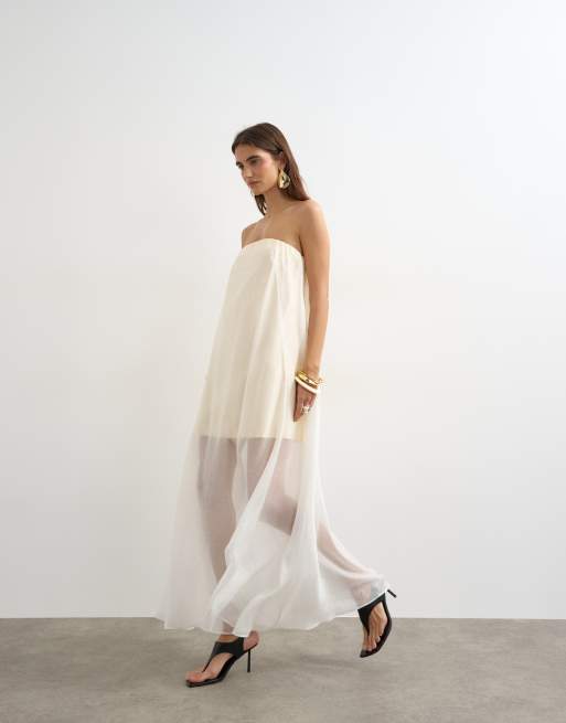 Topshop - Kærnemælkshvid lagdelt bandeau-maxikjole i organza, 3 af 4