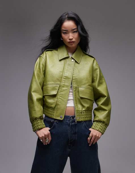Topshop – Krótka kurtka bomberka z imitacji skóry w zielonym kolorze - view 1