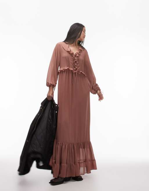 Topshop - Krydderbrun maxikjole med lange ærmer og pintucks