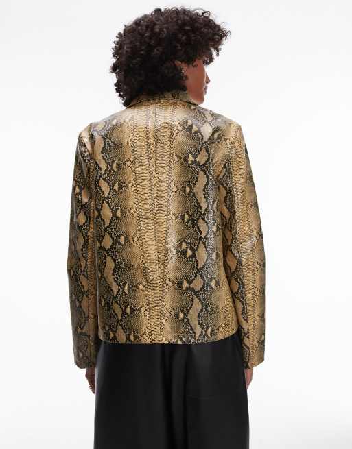 Topshop – Kunstleder-Jacke in Gelb mit Schlangenmuster und mittigem Reißverschluss, 2 von 4