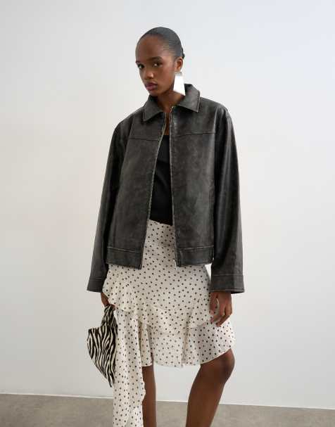 Topshop – Kunstleder-Jacke in verwaschenem Schwarz mit Reißverschluss - view 1