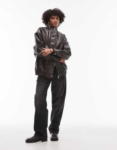 Topshop faux leather super oversized bomber jacket with borg lining
