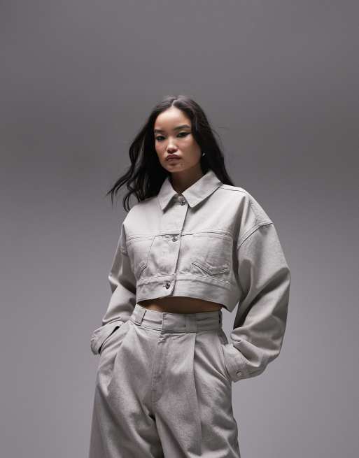 Topshop – Kurtka jeansowa o krótkim fasonie w kolorze kamiennobezowym, część zestawu