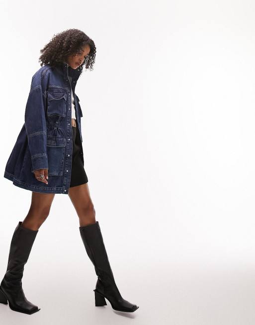 Topshop – Kurtka jeansowa w stylu cargo z wysokim kołnierzem w kolorze indygo