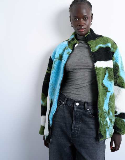 Topshop abstract trend printed borg fleece jacket in multi