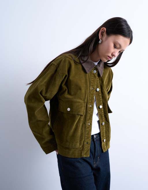 Topshop – Kurtka sztruksowa w kolorze khaki z kontrastowym kołnierzem, część zestawu