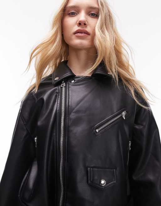 Topshop – Kurz geschnittene Biker-Jacke aus Kunstleder in Schwarz, 2 von 4