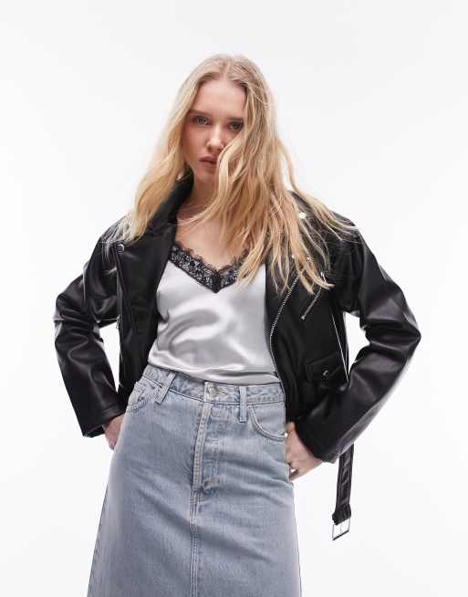 Topshop – Kurz geschnittene Biker-Jacke aus Kunstleder in Schwarz, 4 von 4
