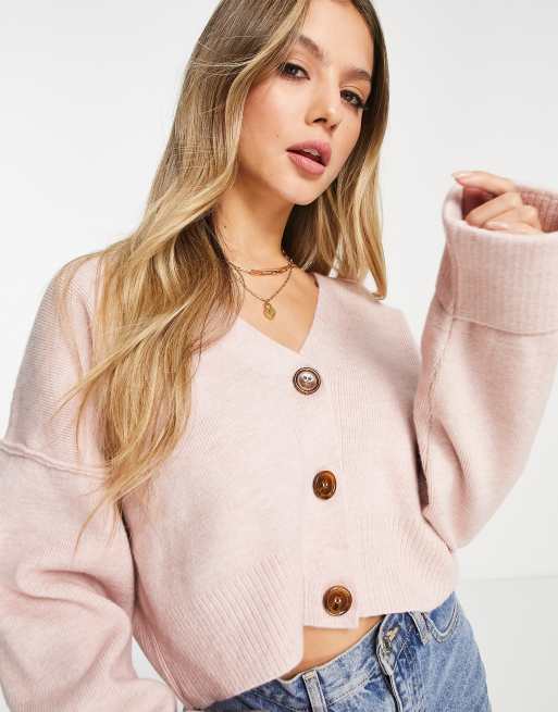 Topshop – Kurz geschnittene, kastige Strickjacke in Altrosa