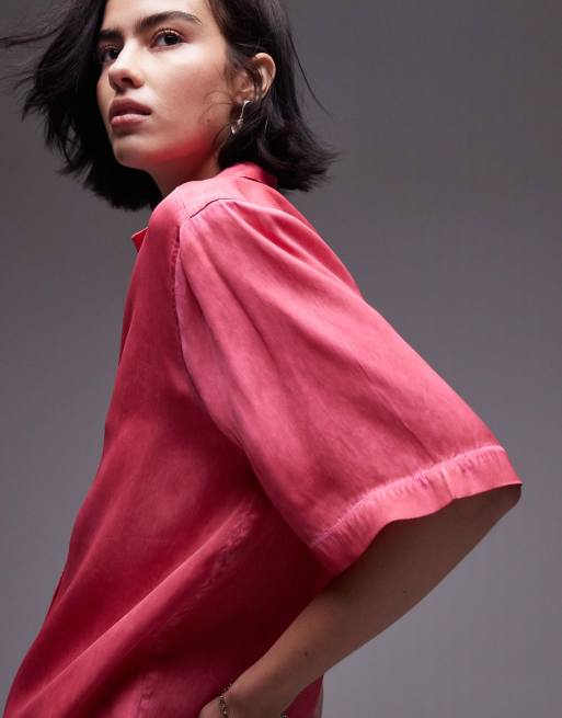Topshop – Kurzärmlige Hemdbluse aus Satin in Rosa, Kombiteil , 2 von 4