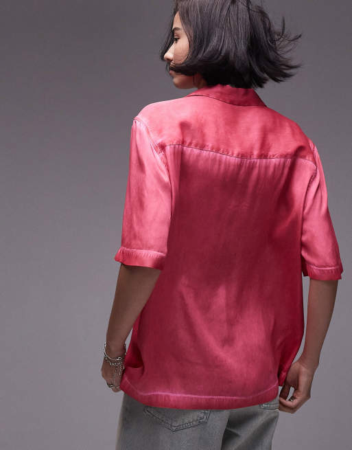 Topshop – Kurzärmlige Hemdbluse aus Satin in Rosa, Kombiteil , 4 von 4
