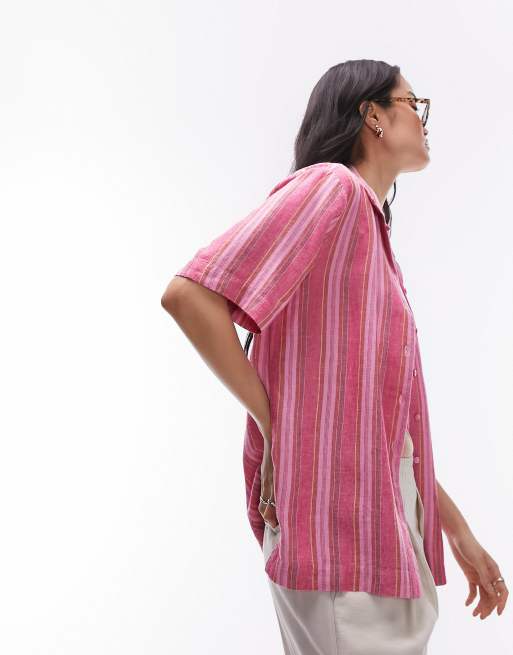 Topshop – Kurzärmlige, strukturierte Hemdbluse mit Streifenmuster in Rosa-Bunt