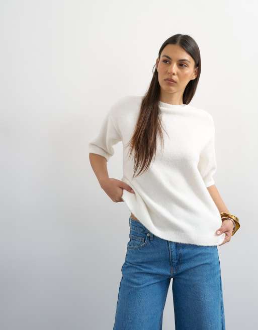 Topshop – Kurzärmliger Strickpullover in Elfenbein mit Spitzeneinsatz am Rücken, 4 von 4