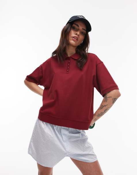 Topshop – Kurzärmliges, kastiges Polohemd in Burgunderrot - view 1