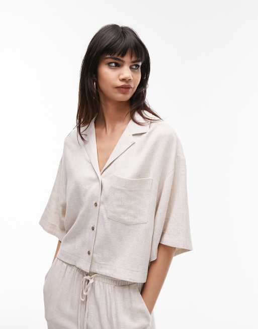 Topshop – Kurzärmliges Leinenhemd in Sandgrau, Kombiteil 